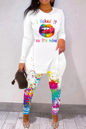Colour Casual Print Patchwork Slit O Neck Long Sleeve Two Pieces