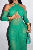 Green Sexy Solid See-through Backless Halter Long Sleeve Four Piece Set