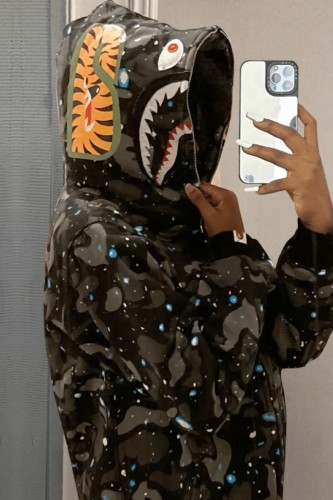 Camouflage Casual Print Patchwork Zipper Hooded Collar Outerwear