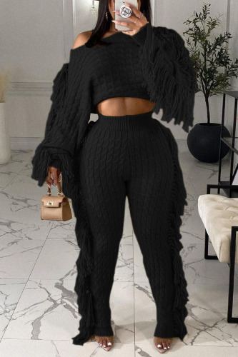 Black Street Solid Tassel Patchwork O Neck Long Sleeve Two Pieces