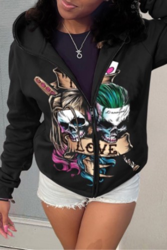 Black Casual Print Patchwork Zipper Hooded Collar Outerwear