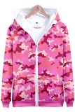 Camouflage Casual Print Patchwork Zipper Hooded Collar Outerwear