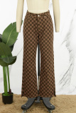 Dark Brown Casual Plaid Print Slit Regular Mid Waist Conventional Full Print Trousers
