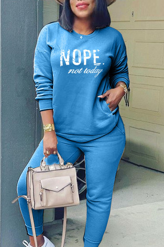 Blue Casual Print Patchwork O Neck Long Sleeve Two Pieces