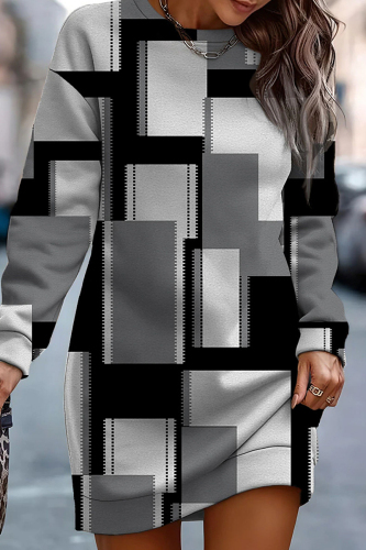 Dark Gray Casual Print Basic O Neck Long Sleeve Dresses