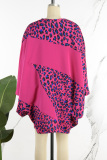 Rose Red Casual Print Basic O Neck Long Sleeve Plus Size Dresses