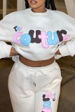 White Casual Letter Basic O Neck Long Sleeve Two Pieces