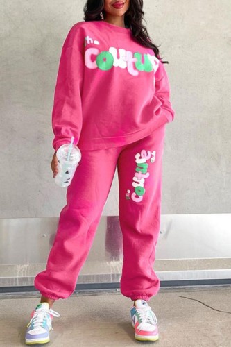 Rose Red Casual Letter Basic O Neck Long Sleeve Two Pieces