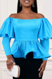 Blue Casual Solid Patchwork Off the Shoulder Tops