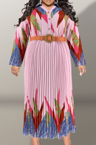Pink Casual Print Patchwork Buckle With Belt Pleated V Neck Printed Dress Plus Size Dresses