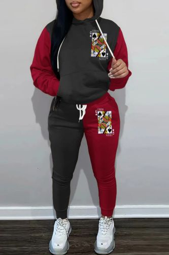 Red Black Casual Print Patchwork Hooded Collar Long Sleeve Two Pieces