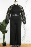 Black Casual Solid Patchwork See-through With Belt Half A Turtleneck Plus Size Jumpsuits