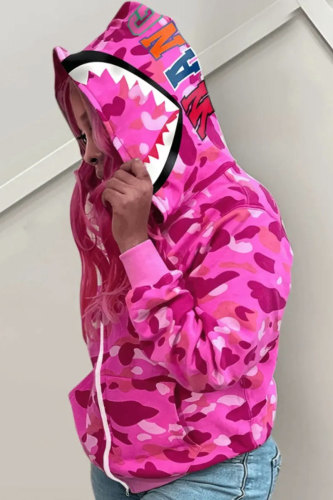 Pink Casual Print Patchwork Zipper Hooded Collar Outerwear