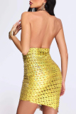 Gold Sexy Solid Backless Halter Sleeveless Dress Dresses