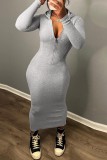Grey Casual Solid Patchwork Zipper Hooded Collar Long Sleeve Dresses