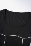 Black Casual Patchwork Slit Square Collar Long Sleeve Dresses
