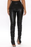 Black Casual Solid Slit Fold Skinny High Waist Conventional Solid Color Trousers