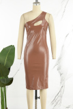 Brown Sexy Solid Hollowed Out Backless Oblique Collar Sleeveless Dress Dresses