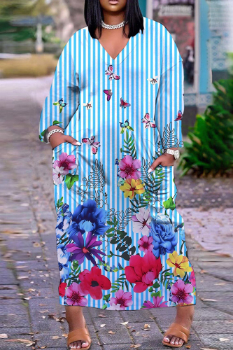 Light Blue Casual Print Patchwork V Neck Long Sleeve Dresses