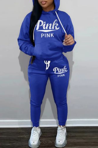 Blue Casual Letter Print Basic Hooded Collar Long Sleeve Two Pieces