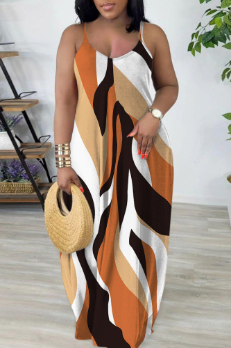 Orange Sexy Casual Print Backless Spaghetti Strap Long Dress Dresses