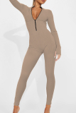 Khaki Casual Solid Patchwork Zipper O Neck Skinny Jumpsuits