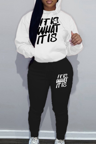 White Black Casual Letter Patchwork Draw String Pocket Hooded Collar Long Sleeve Two Pieces