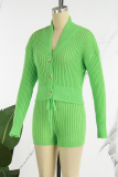 Fluorescent Green Elegant Solid Patchwork Draw String Buckle O Neck Long Sleeve Two Pieces