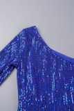 Blue Sexy Celebrities Solid Sequins Patchwork One Shoulder Wrapped Skirt Dresses