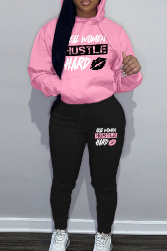 Pink Black Casual Letter Patchwork Draw String Pocket Hooded Collar Long Sleeve Two Pieces