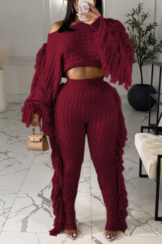 Burgundy Street Solid Tassel Patchwork O Neck Long Sleeve Two Pieces