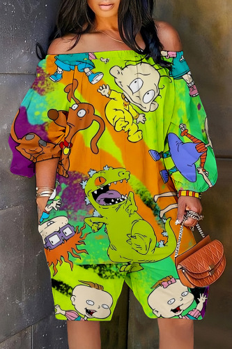 Green Casual Cartoon Print Basic Off the Shoulder Regular Rompers