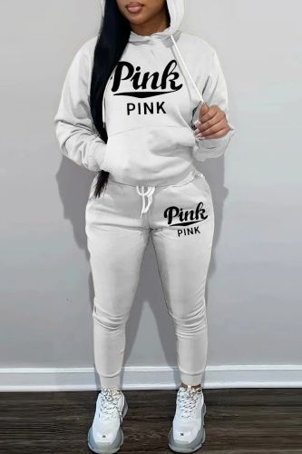 White Casual Letter Print Basic Hooded Collar Long Sleeve Two Pieces
