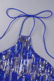 Blue Sexy Solid Sequins Patchwork Hot Drill Halter Wrapped Skirt Dresses