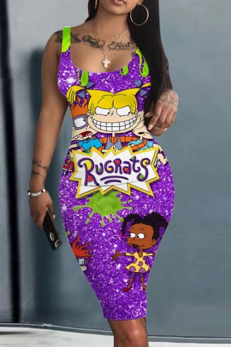 Purple Casual Cartoon Print Basic U Neck Vest Dress Dresses