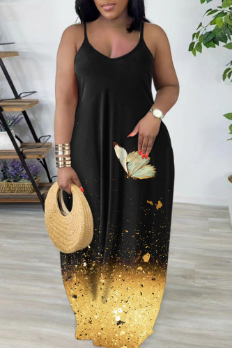 Black Sexy Casual Print Backless Spaghetti Strap Long Dress Dresses