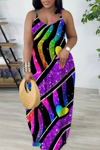 Purple Sexy Casual Print Backless Spaghetti Strap Long Dress Dresses