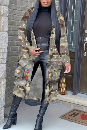 Camouflage Fashion Casual Letter Camouflage Print Cardigan Turndown Collar Outerwear