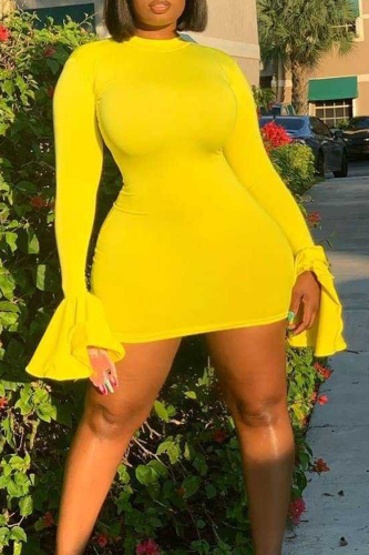 Yellow Casual Solid Patchwork O Neck Wrapped Skirt Dresses