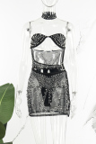 Black Sexy Patchwork Hot Drilling Hollowed Out Backless Strapless Sleeveless Three Piece Set