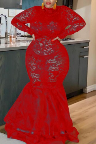 Red Sexy Solid See-through Half A Turtleneck Long Sleeve Plus Size Dresses