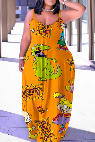 Orange Sexy Casual Cartoon Print Backless Spaghetti Strap Long Dress Plus Size Dresses
