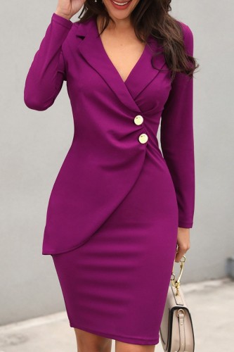 Purple Casual Solid Patchwork V Neck Long Sleeve Dresses