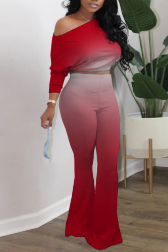 Red Casual Gradual Change Print Patchwork Oblique Collar Long Sleeve Two Pieces
