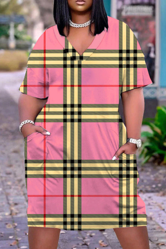 Pink Casual Print Basic V Neck Short Sleeve Dress