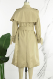Khaki Casual Solid Patchwork With Belt Turndown Collar Outerwear