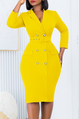 Yellow Casual Solid Patchwork With Belt Turndown Collar Long Sleeve Dresses