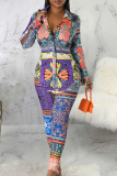 Multicolor Sexy Print Patchwork Buckle Turndown Collar Long Sleeve Two Pieces