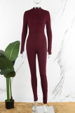 Deep Red Casual Sportswear Solid Patchwork Zipper Collar Skinny Jumpsuits