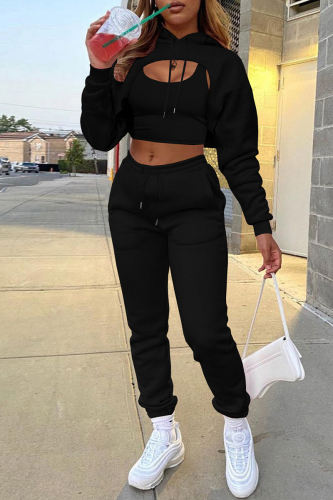 Black Casual Solid Hollowed Out Hooded Collar Long Sleeve Three Piece Set